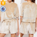 Patch Pocket Vorder Samt T-Shirt und Shorts Set Herstellung Großhandel Mode Frauen Bekleidung (TA4074SS)